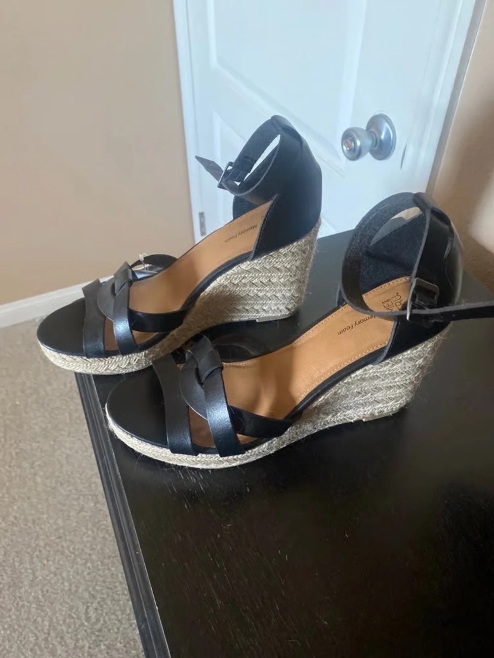 Time and Tru Black Espadrille Wedge Sandals with Ankle Strap